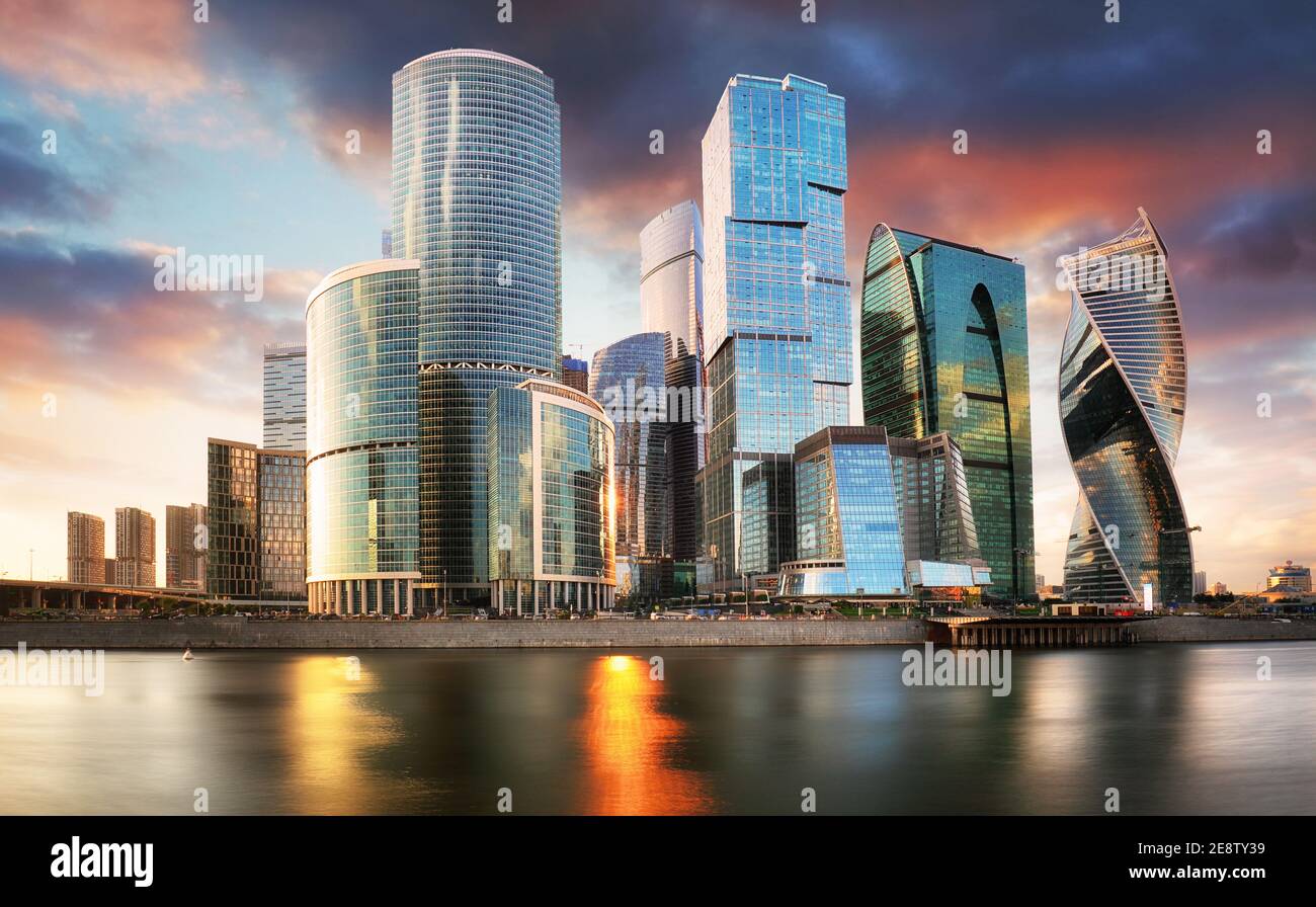 Skyscrapers of Moscow City business center and Moscow river in Moscow at night, Russia. Architecture and landmark of Moscow Stock Photo