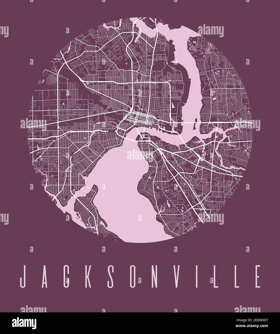 Jacksonville map poster. Decorative design street map of Jacksonville city. Cityscape aria panorama silhouette aerial view, typography style. Land, ri Stock Vector