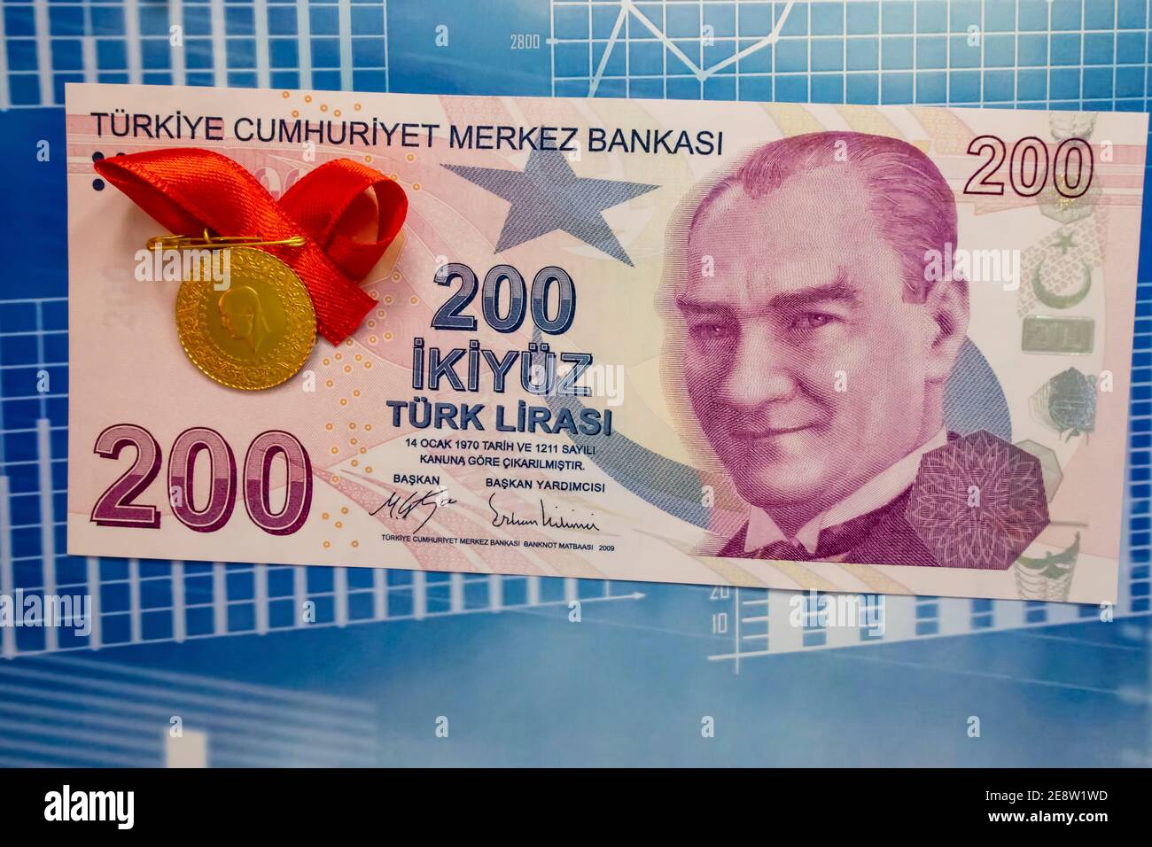 two hundred turkish lira paper banknote and turkish gold coin on background  Stock Photo - Alamy