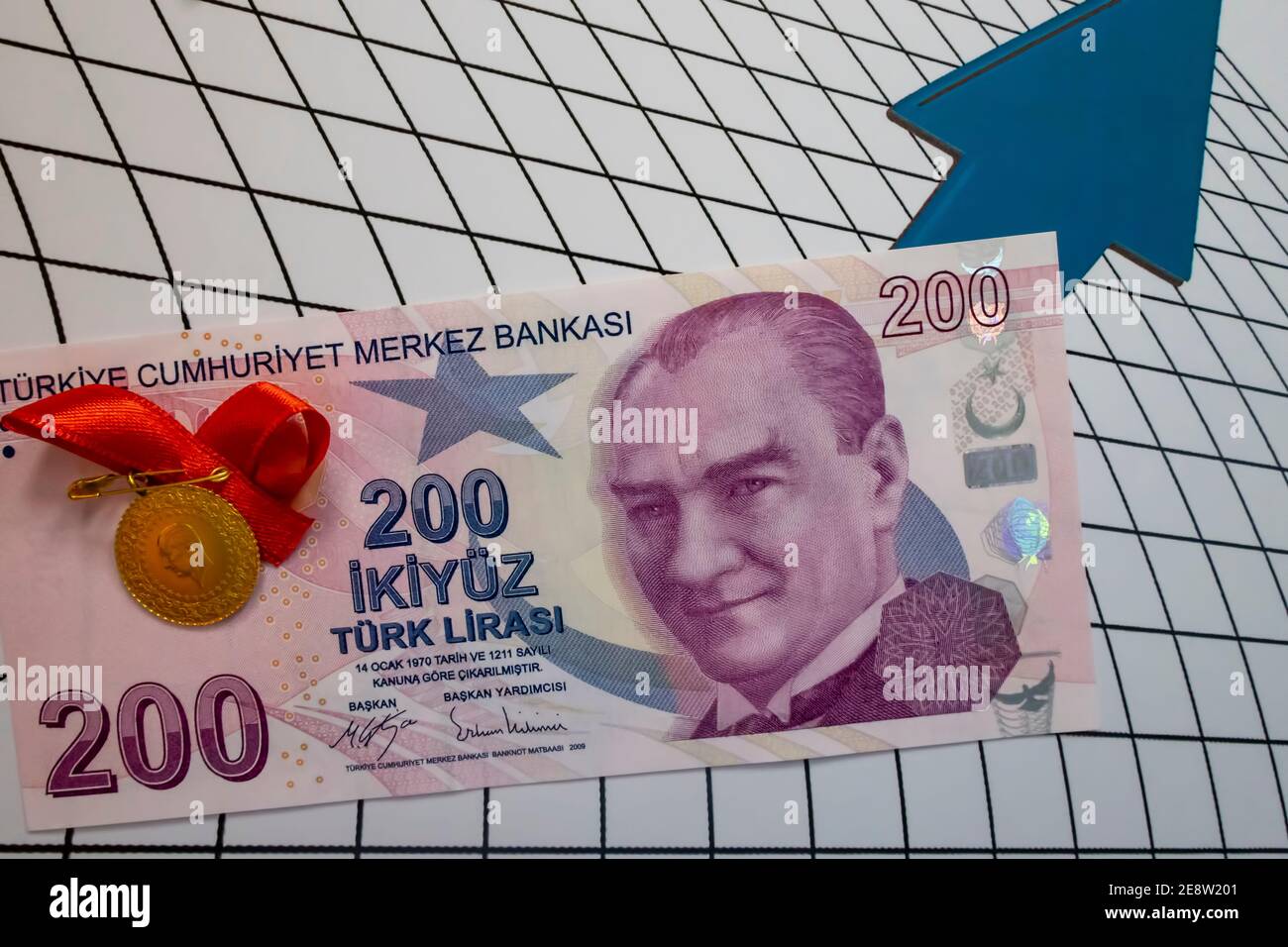 two hundred turkish lira paper banknote and turkish gold coin on