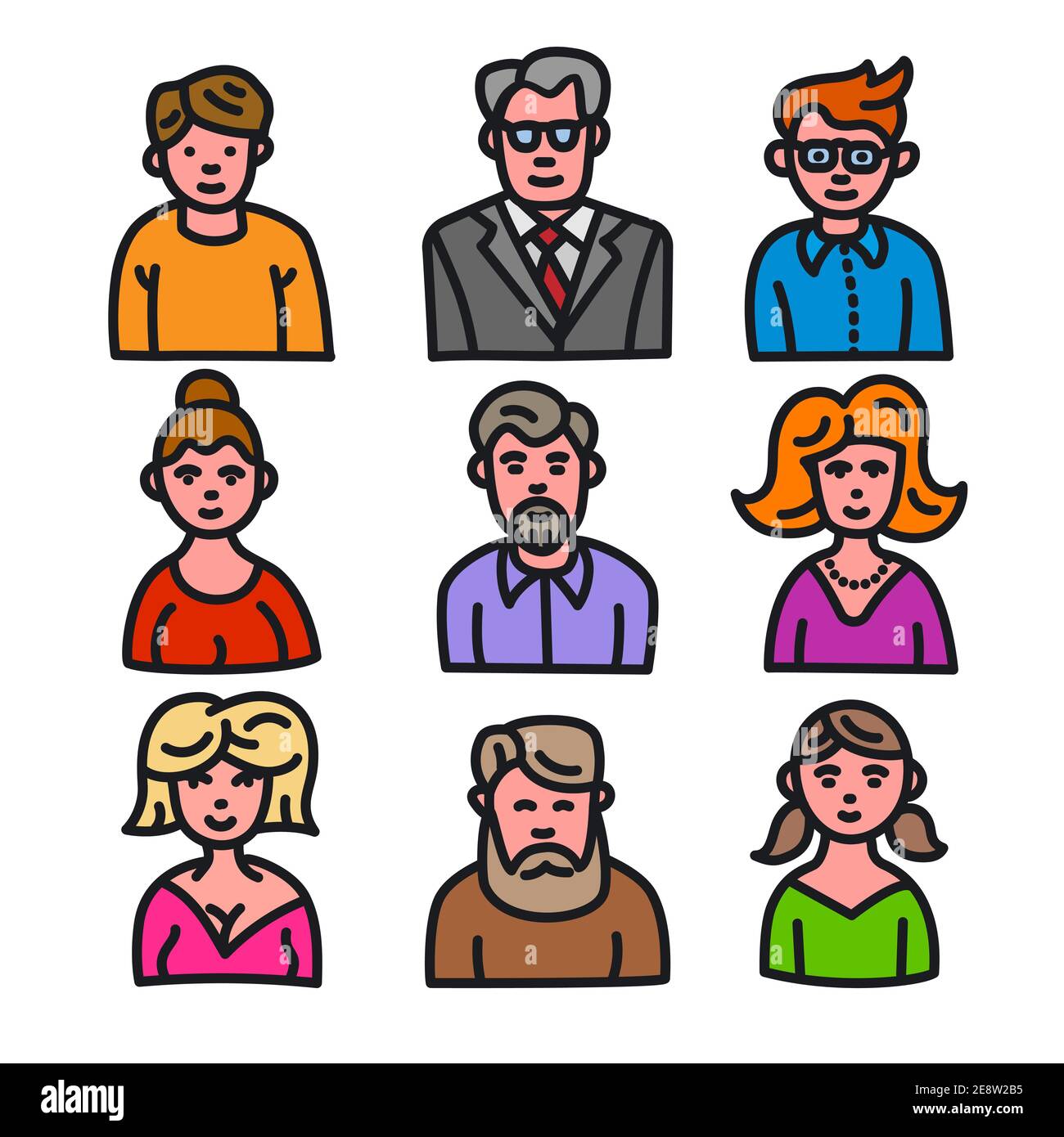 illustration of the set of female and male character avatars colorful icons on the white background Stock Vector