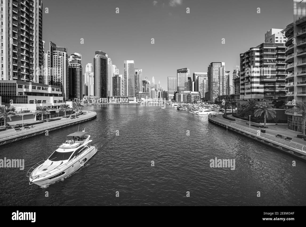 View on luxury Dubai Marina skyscrapers from the Palm man made island