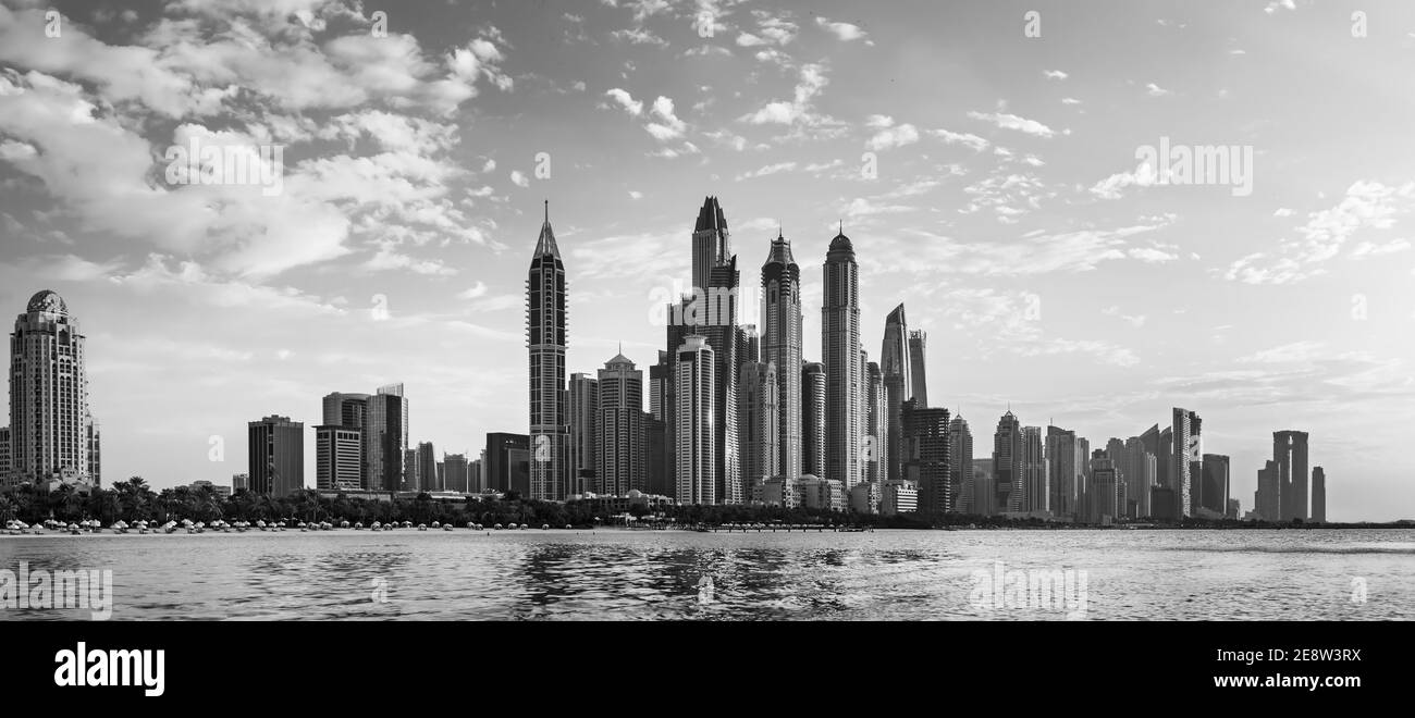 View on luxury Dubai Marina skyscrapers from the Palm man made island