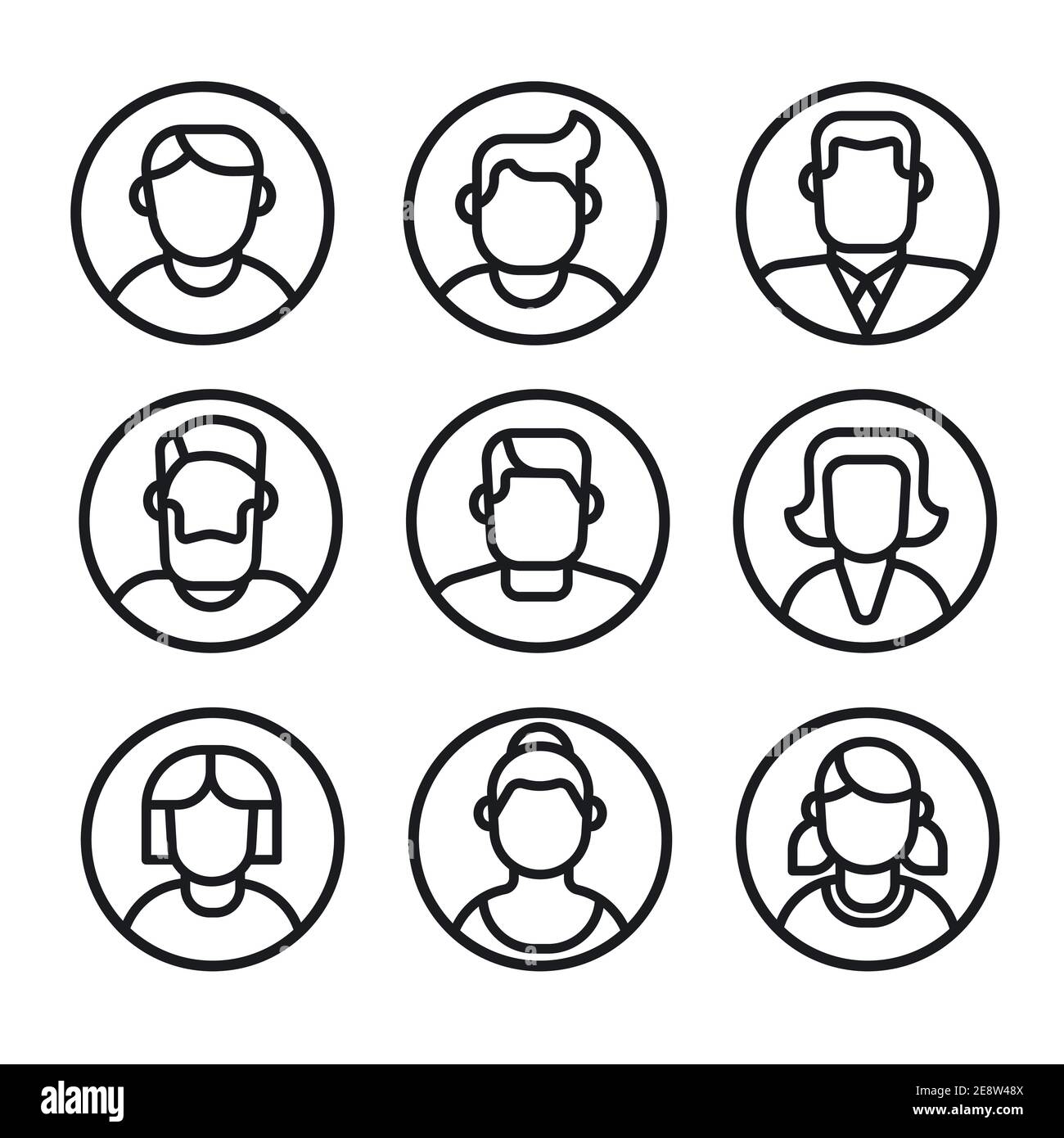 illustration of the set of female and male avatars black outline color icons on the white background Stock Vector