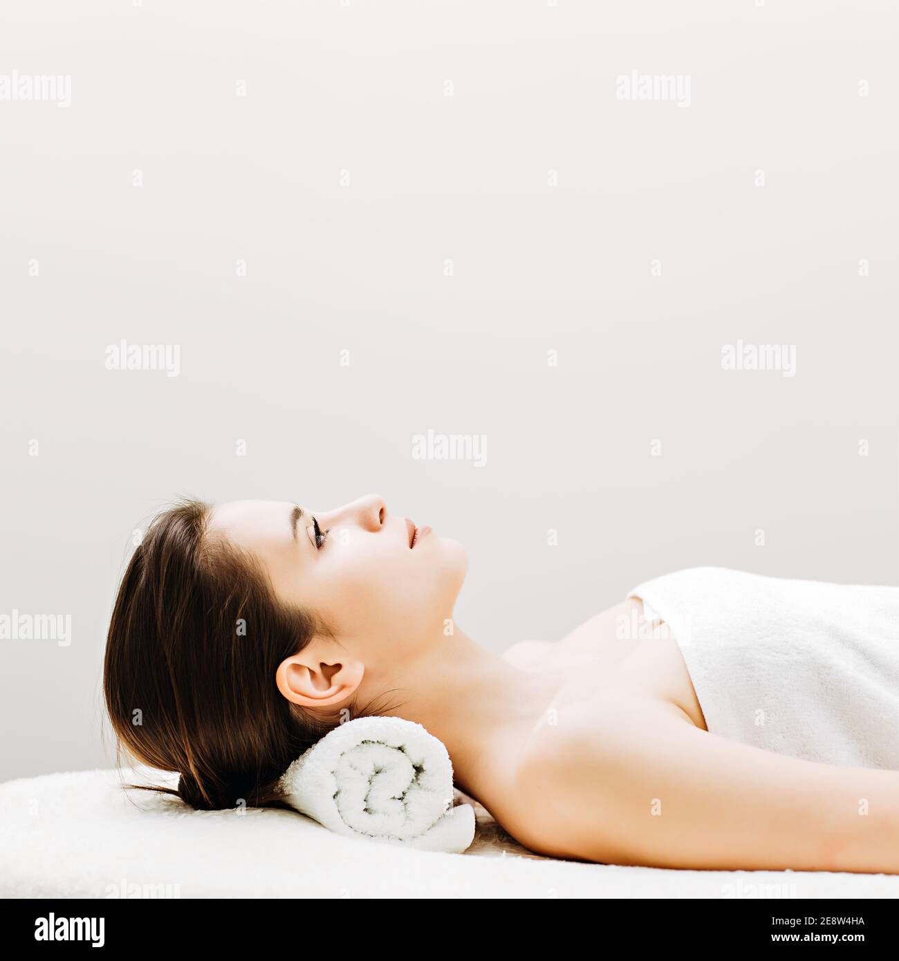Young woman getting ready for spa or medical treatments Stock Photo