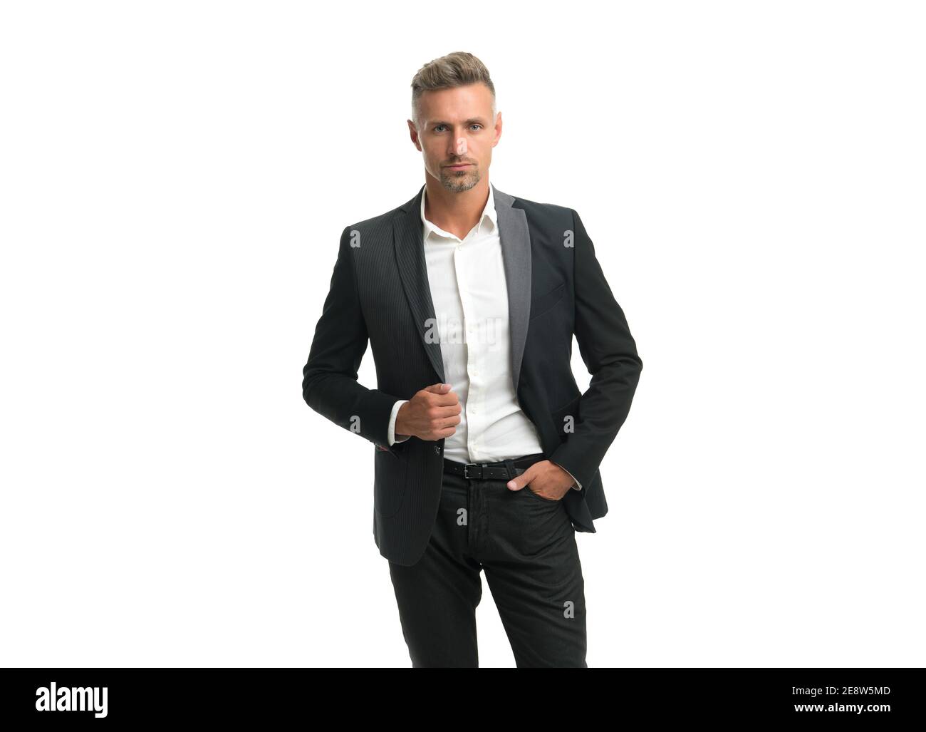 Serious man of law wear formal suit with classic look isolated on white