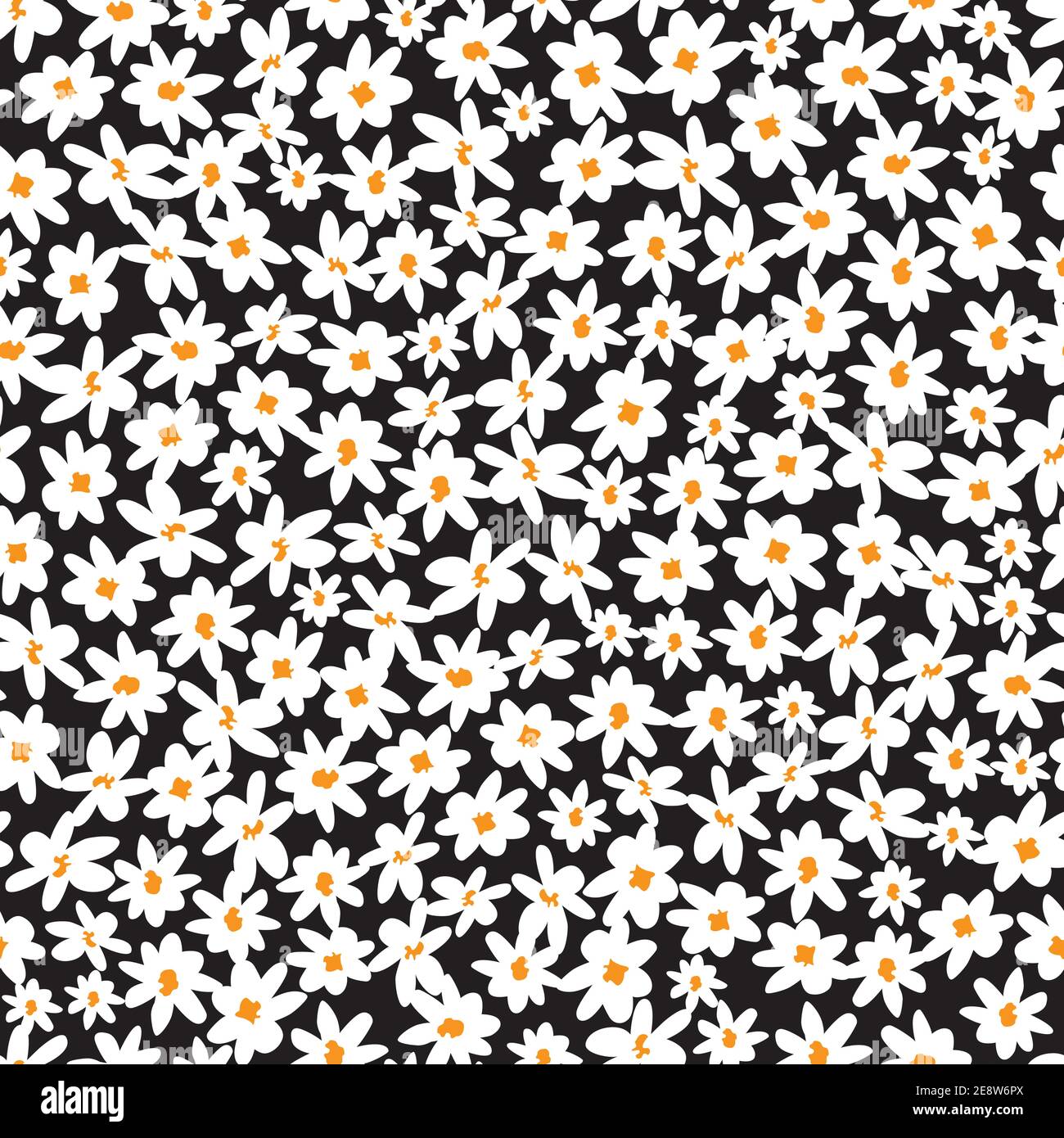 Vector black and white scattered fun daisy flowers repeat pattern with orange center. Suitable for textile, gift wrap and wallpaper. Stock Vector