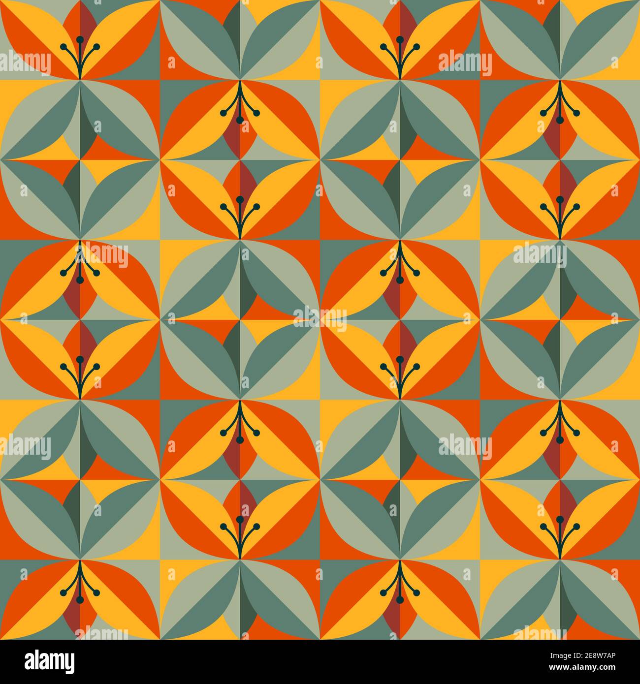 Flat abstract flower design in trend colours for 2021. Tones of green, orange and yellow stylized seamless flowers on squares background. EPS10 vector Stock Vector