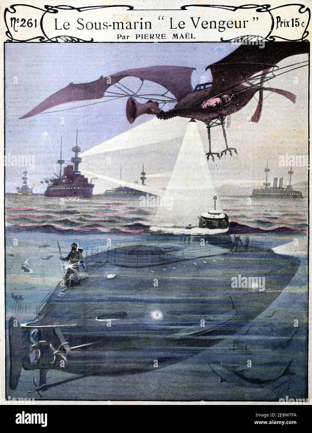 Old Book Cover 'Le Sous-marin Le Vengeur' by Pierre Maël showing Futurist Early French Submarine The Vengeur & a Strange Early Flying Machine, Aircraft or Airplane 1901 Vintage Illustration or Engraving Stock Photo