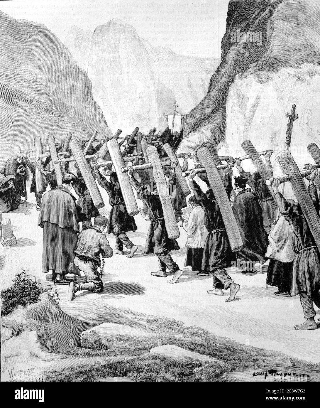 Pilgrim Penitents or Catholic Christian Pilgrims Carrying Wooden Crosses on the French Way Path, part of the Way of Saint James Path to Santiago de Compestela, Rocesvalles Navarre Spain 1901 Vintage Illustration or Engraving Stock Photo