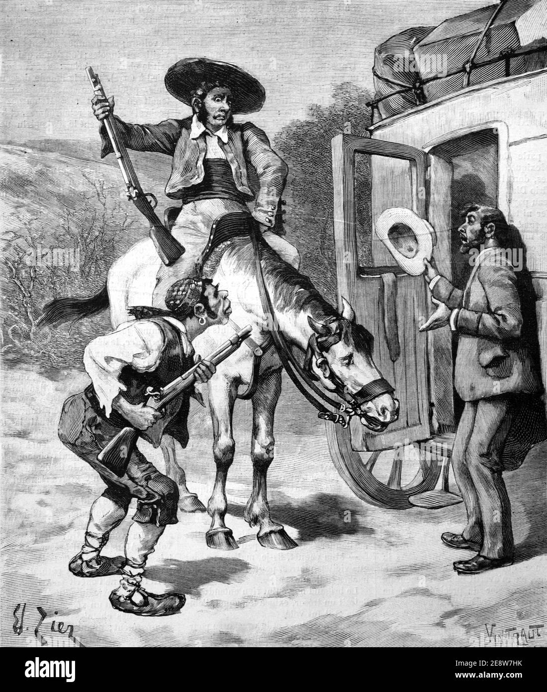 Mexican Bandits Brigands Salteadores or Highwaymen Mexico 1901 Vintage Illustration or Engraving Stock Photo