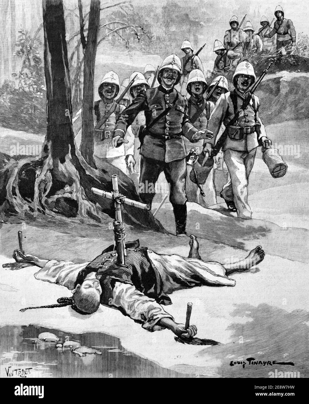 Chinese Christian Murdered or Killed during the Boxer Rebellion, Boxer Uprising or Yihetuan Movement (1899-1901), a Nationalist, Anti-Imperialist, Anti-foreign and Anti-Christian Rebellion China 1901. Vintage Illustration or Engraving Stock Photo