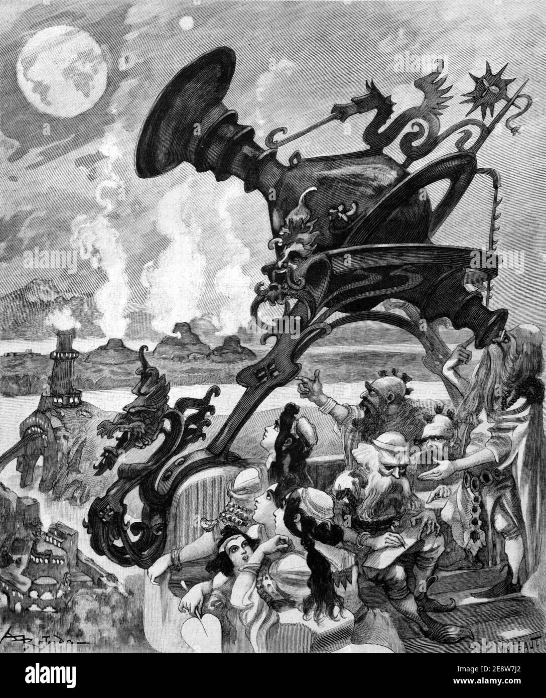 Science Fiction Image of Humanoid or Human-like Martians Communicating with Planet Earth via Strange Telescope or Loudspeaker Fantasy 1901 Vintage Image or Engraving Stock Photo