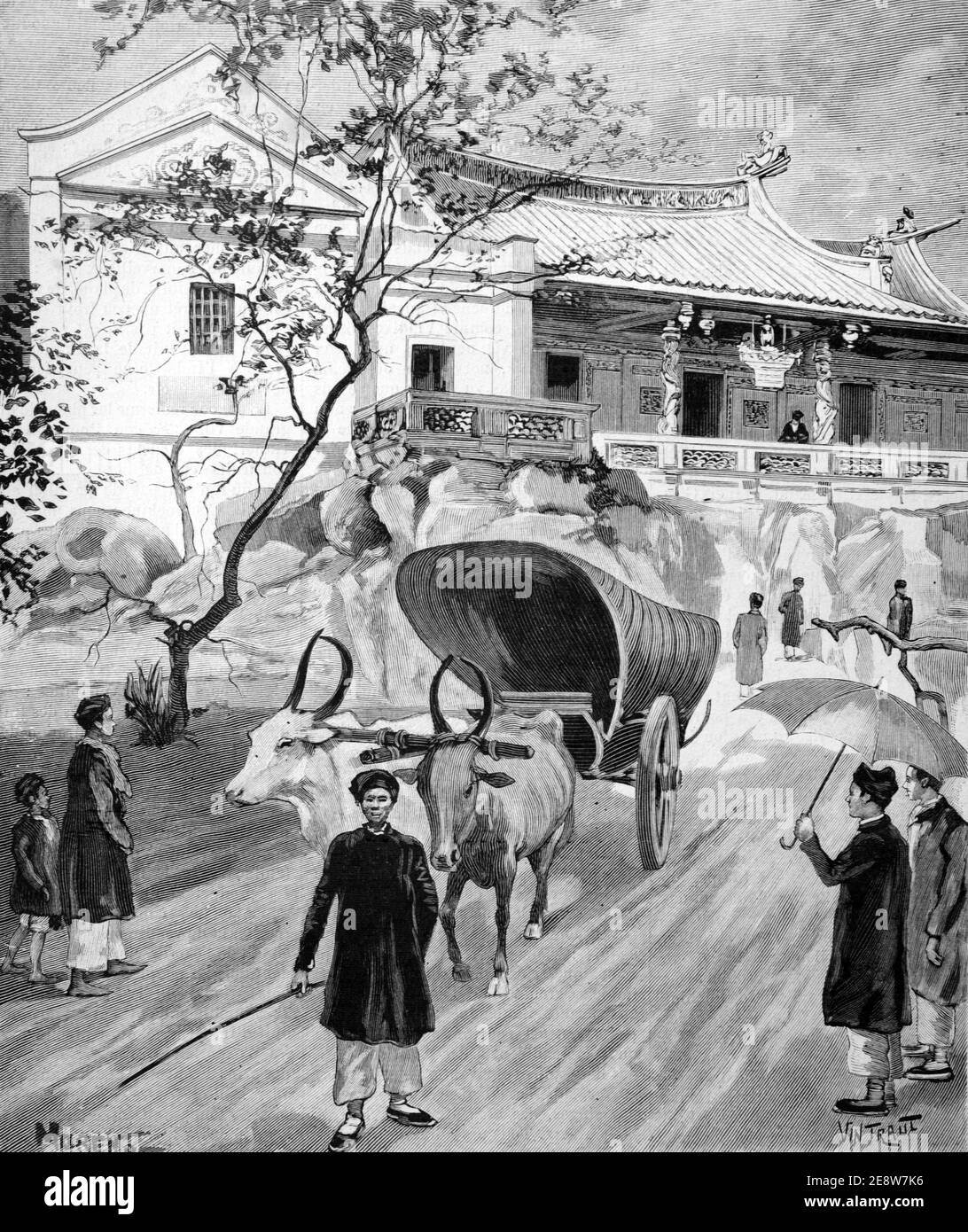 Phuoc Kien Pagoda, Lotus Leaf Pagoda or Buddhist Temple & Ox Cart Ho Chi Minh City Vietnam 1900 Vintage Illustration or Engraving Stock Photo
