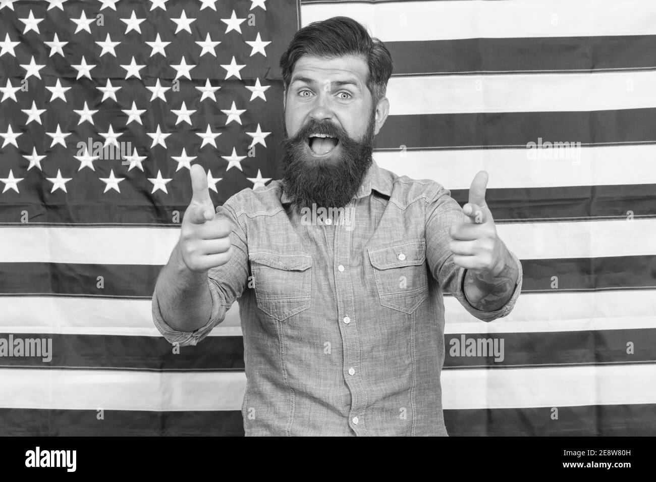 American man journalist reporter USA flag background, concept