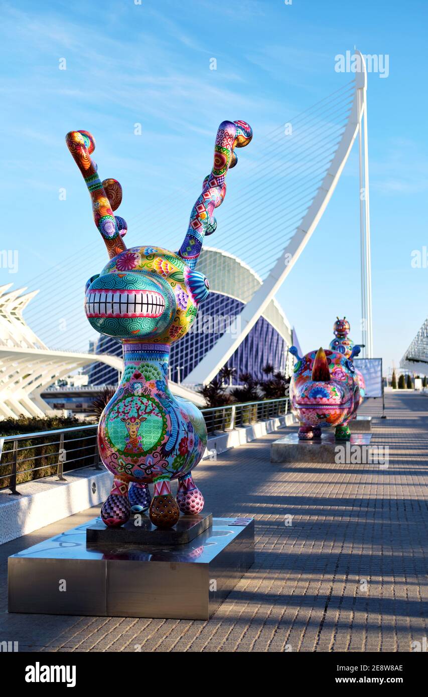 Valencia, Spain - Dec 22, 2020: Exhibition in Arts and Sciences City, Taiwanese artist works of Hung Yi, bright colours Chinese New Year animals sculp Stock Photo
