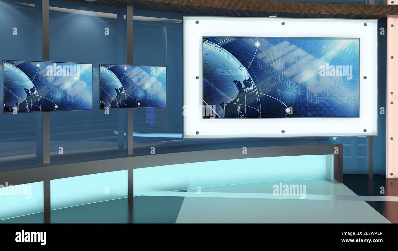 Virtual TV Studio News Set 27. Green screen background. 3d Rendering