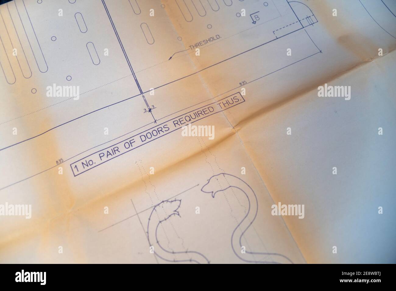 Vintage plans for the refurbishment of catacombs in Brompton Cemetery. May Gurney Structural Steelwork Division drawings for Main Door. Dated 1995 Stock Photo