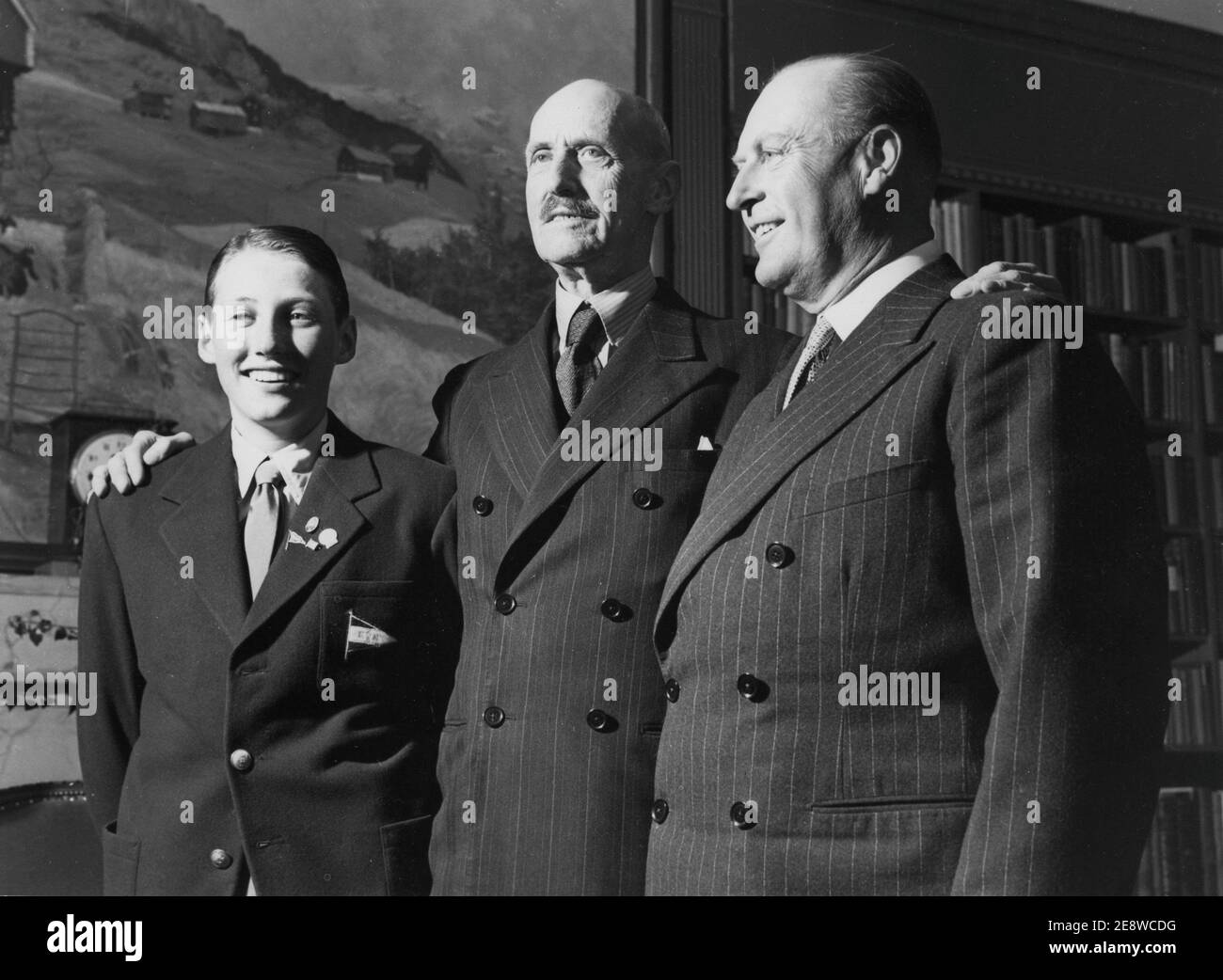 Norwegian royalty. Crown prince Harald with his father Olav V with king Haakon in the middle on may 7 1950. Three generations. Stock Photo