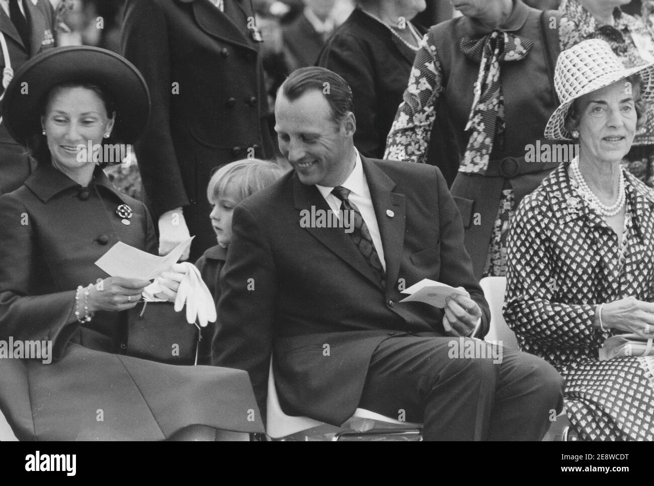 King Harald of Norway. Pictured when being crown prince with his wife Sonja 1972. To the right Queen Ingrid of Denmark. Stock Photo