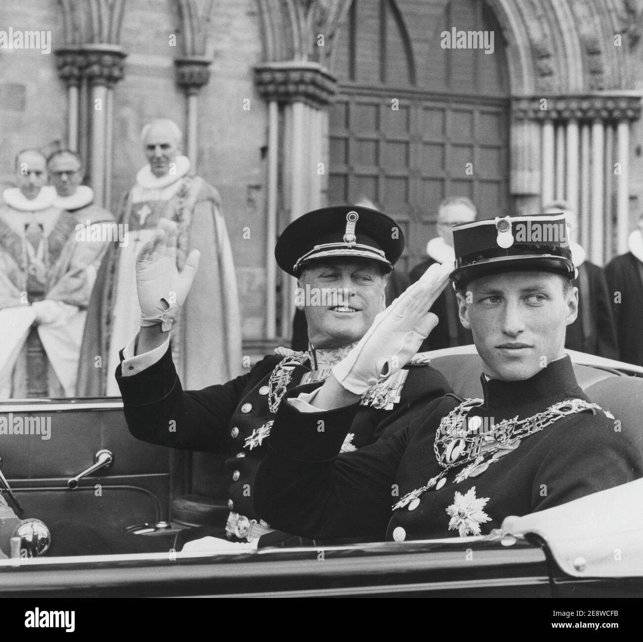 King Harald of Norway. Pictured with his father King Olav V on the day of his coronation becoming king, Trondheim june 22 1958. Stock Photo