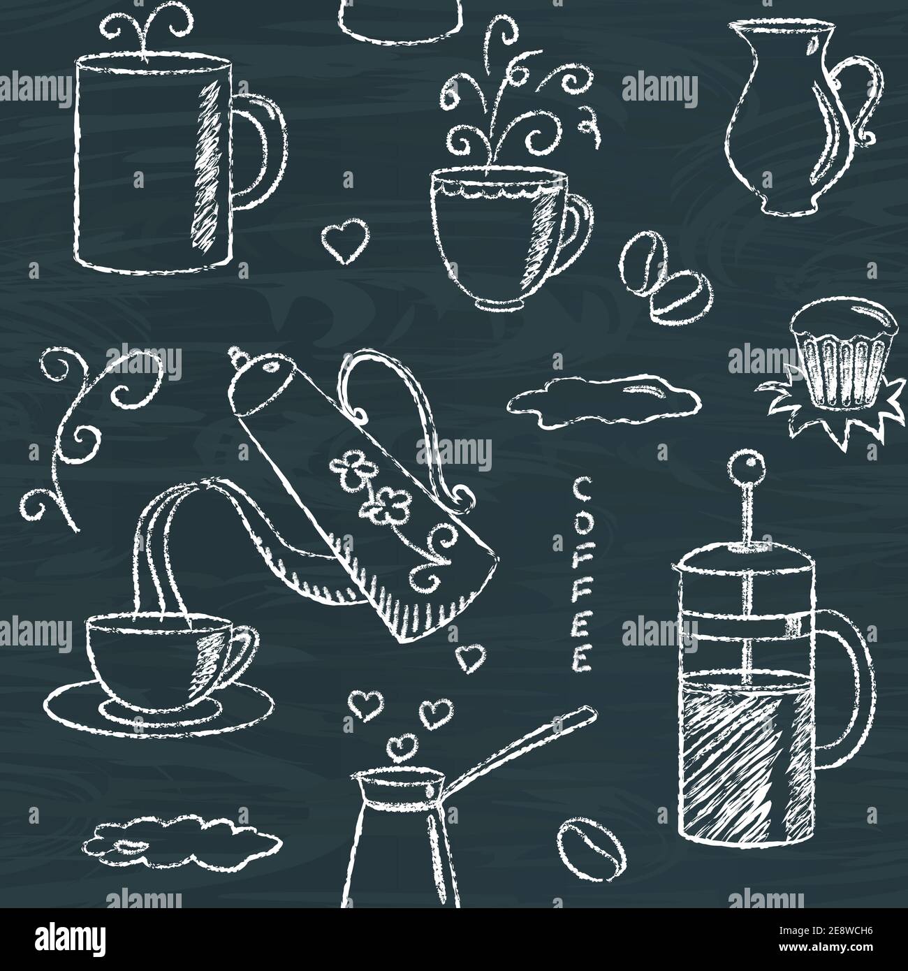 Chalkboard seamless pattern with doodle coffee items Stock Vector