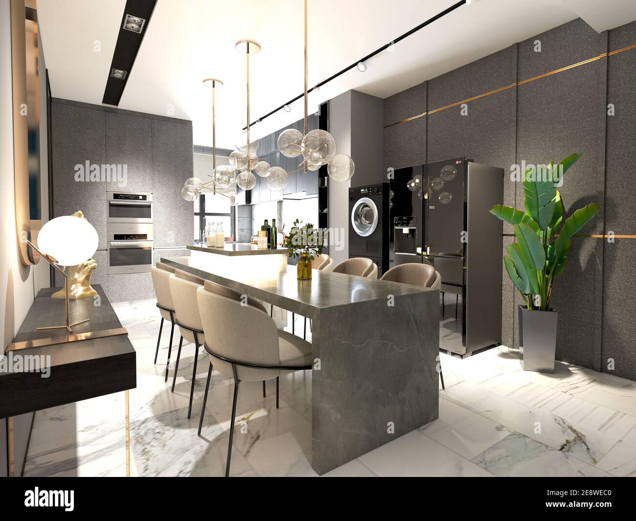 3d render of luxury house kitchen and dining room Stock Photo - Alamy