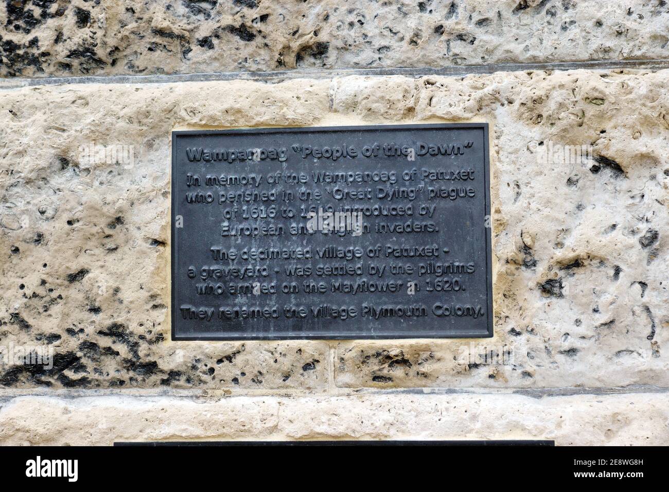 PLAQUES ON THE MAYFLOWER MEMORIAL. Stock Photo