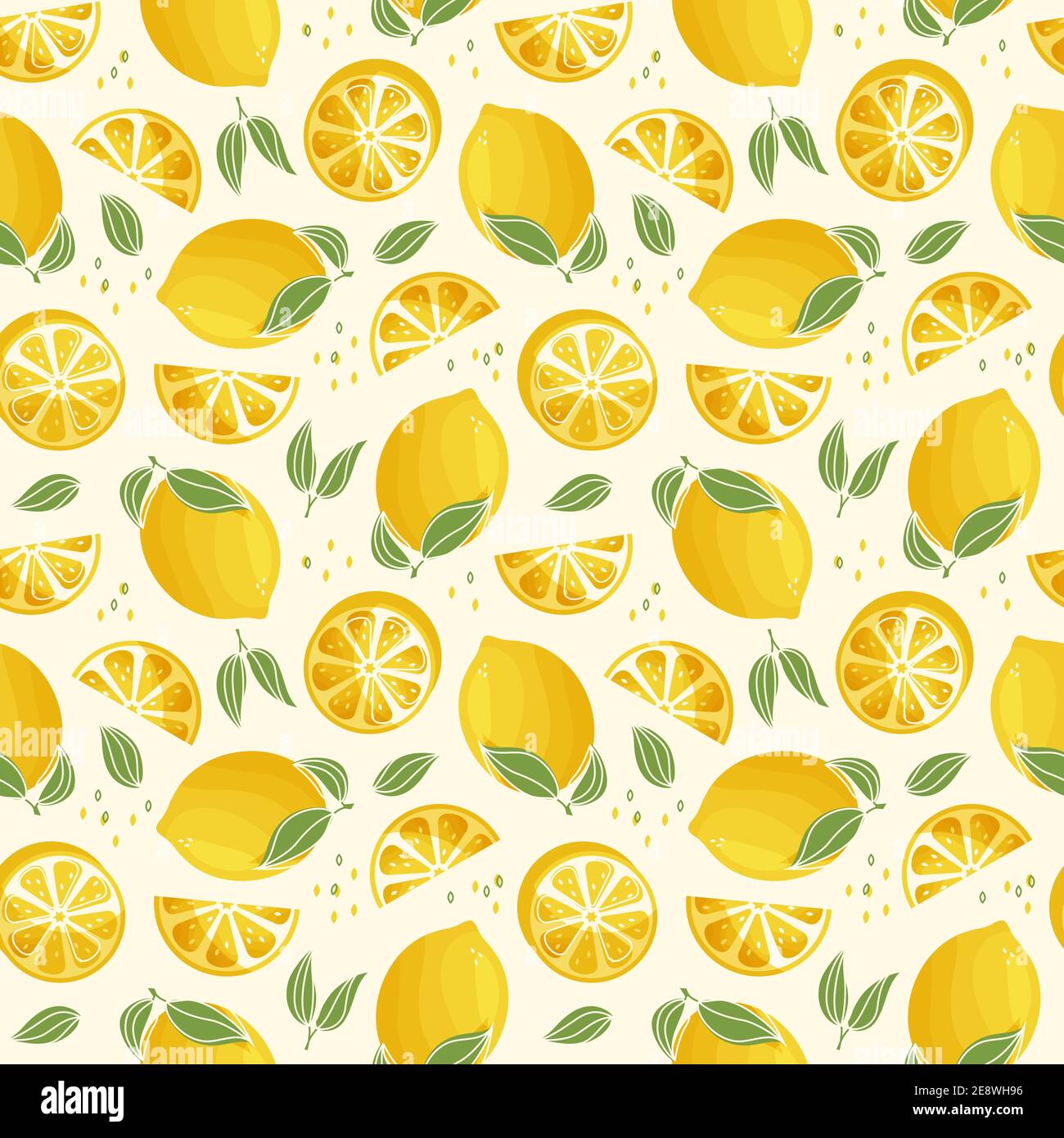 Seamless pattern with lemons. Modern background with juicy citrus fruit and leaves. Vector illustration. Stock Vector