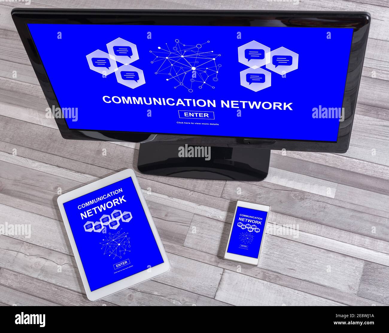 Communication network concept shown on different information technology devices Stock Photo