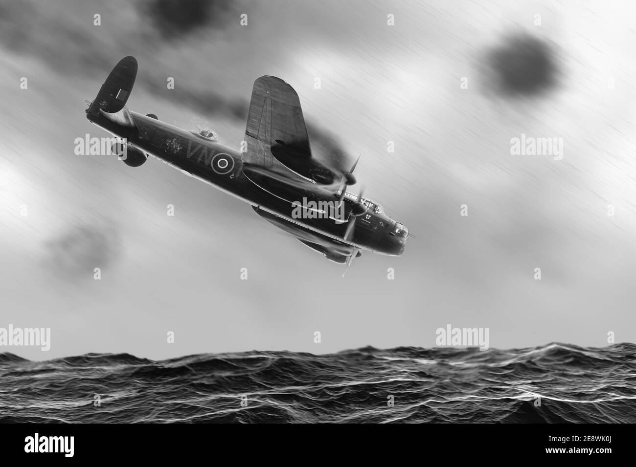 Lancaster bomber plane shot down and crashing into to sea illustration, smoking and on fire during a dog fight,  Anti aircraft flak fills the dark ski Stock Photo