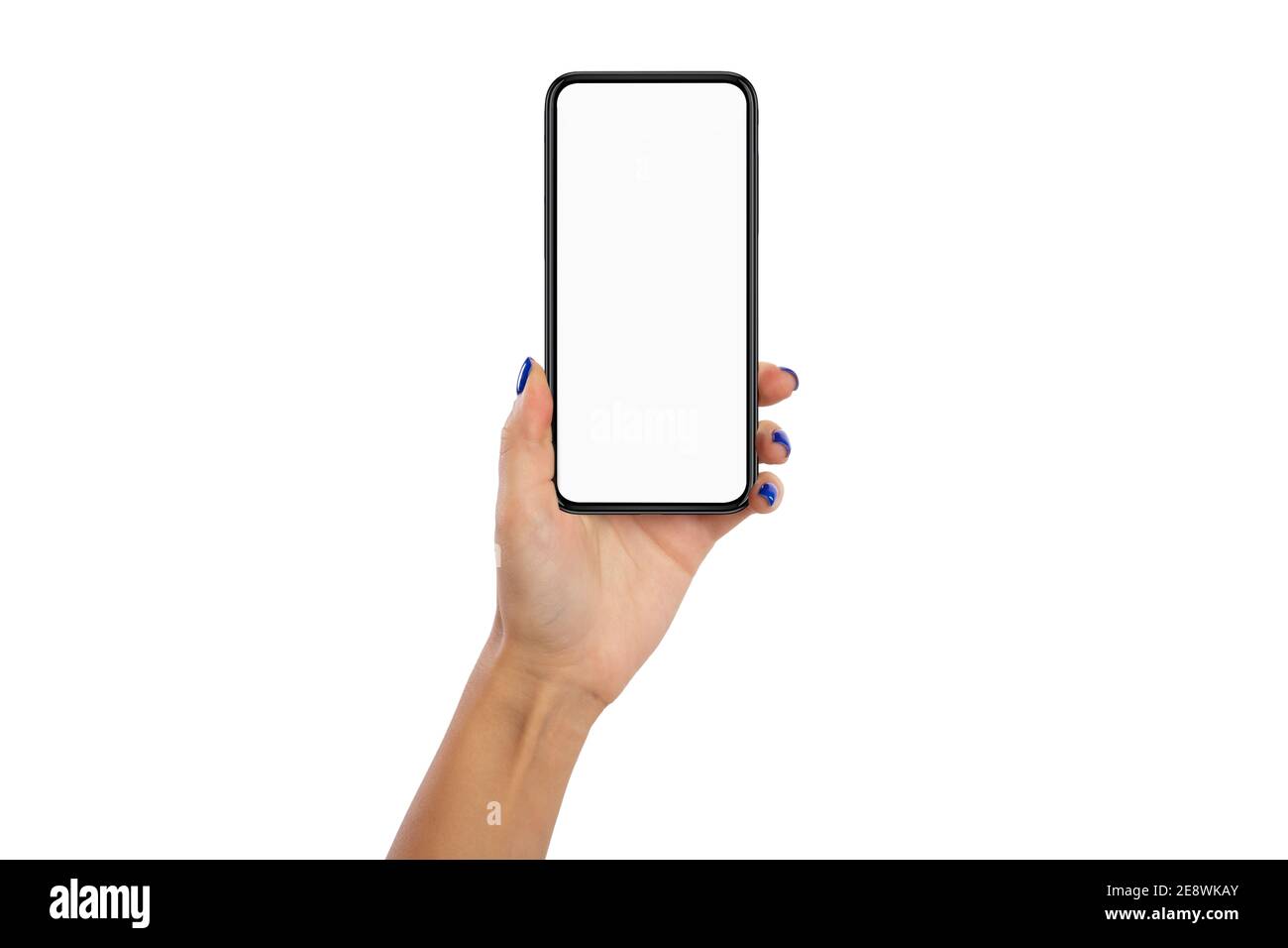 Female hand holding cellphone with white blank empty screen Stock Photo