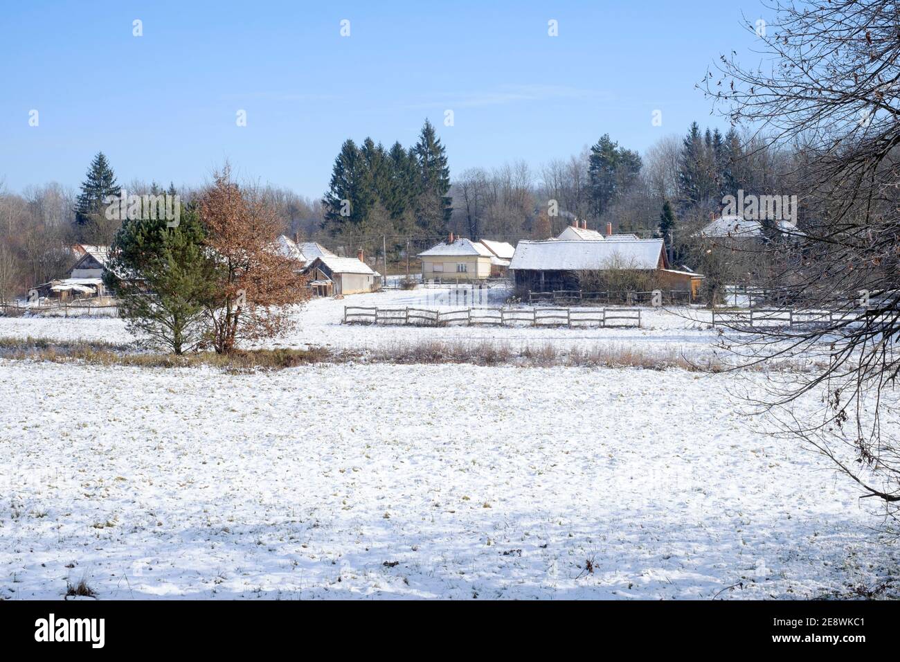 typical small rural hamlet in the countryside during winter zala county hungary Stock Photo