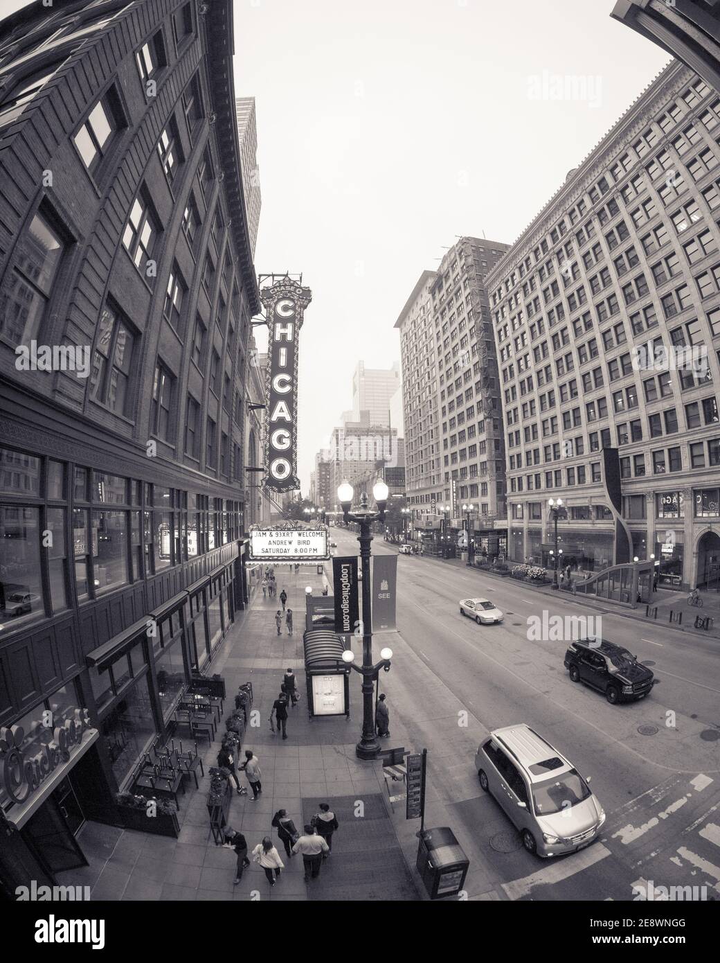 An early morning, wide angle, fisheye view of North State Street and the Chicago Theatre Marquee in Chicago, Illinois. Stock Photo