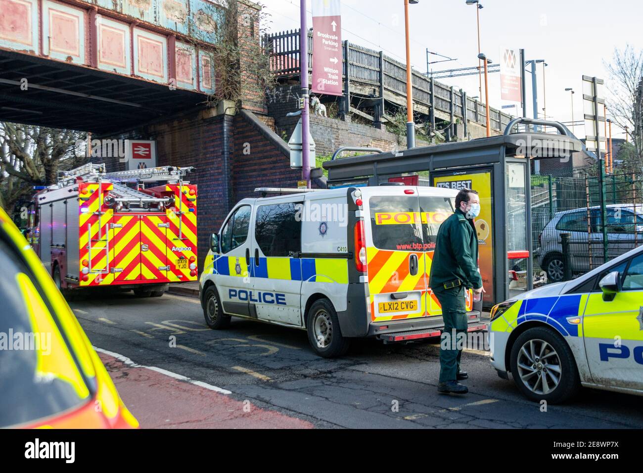 Witton, Birmingham, West Midlands, UK. 1st February 2021: The air ambulance and HART ambulance teams, British Transport Police amongst others rushed to the scene of a casualty on the track at Witton Station around midday on Monday. 'We currently have two ambulances, two paramedic officers, a critical care paramedic and the Midlands Air Ambulance from Cosford with a MERIT trauma doctor and critical care paramedic on board' - statement from West Midlands Ambulance Service. Credit: Ryan Underwood / Alamy Live News Stock Photo