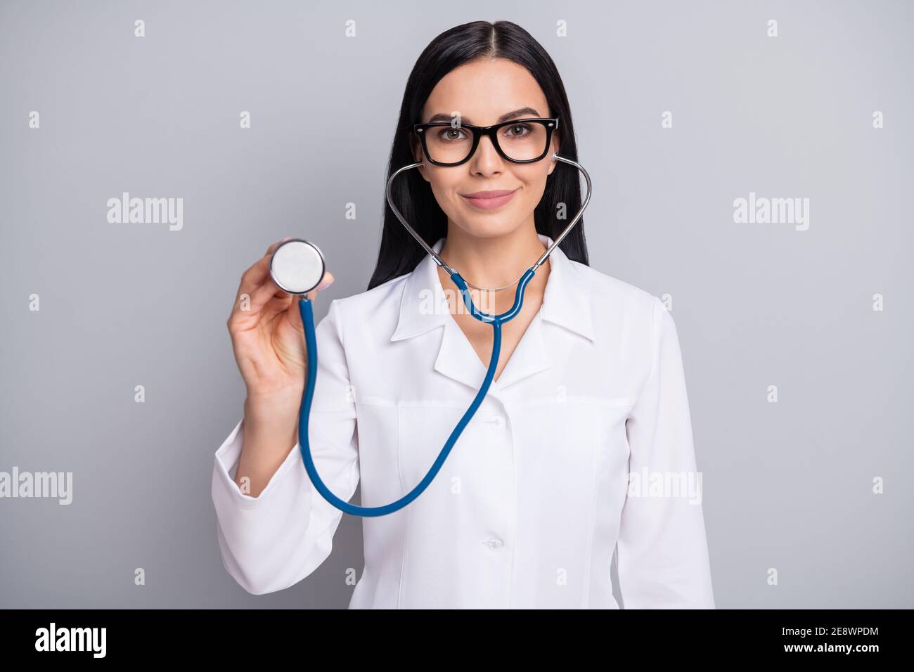 Photo of doctor girl prepare patient examination wear stethoscope