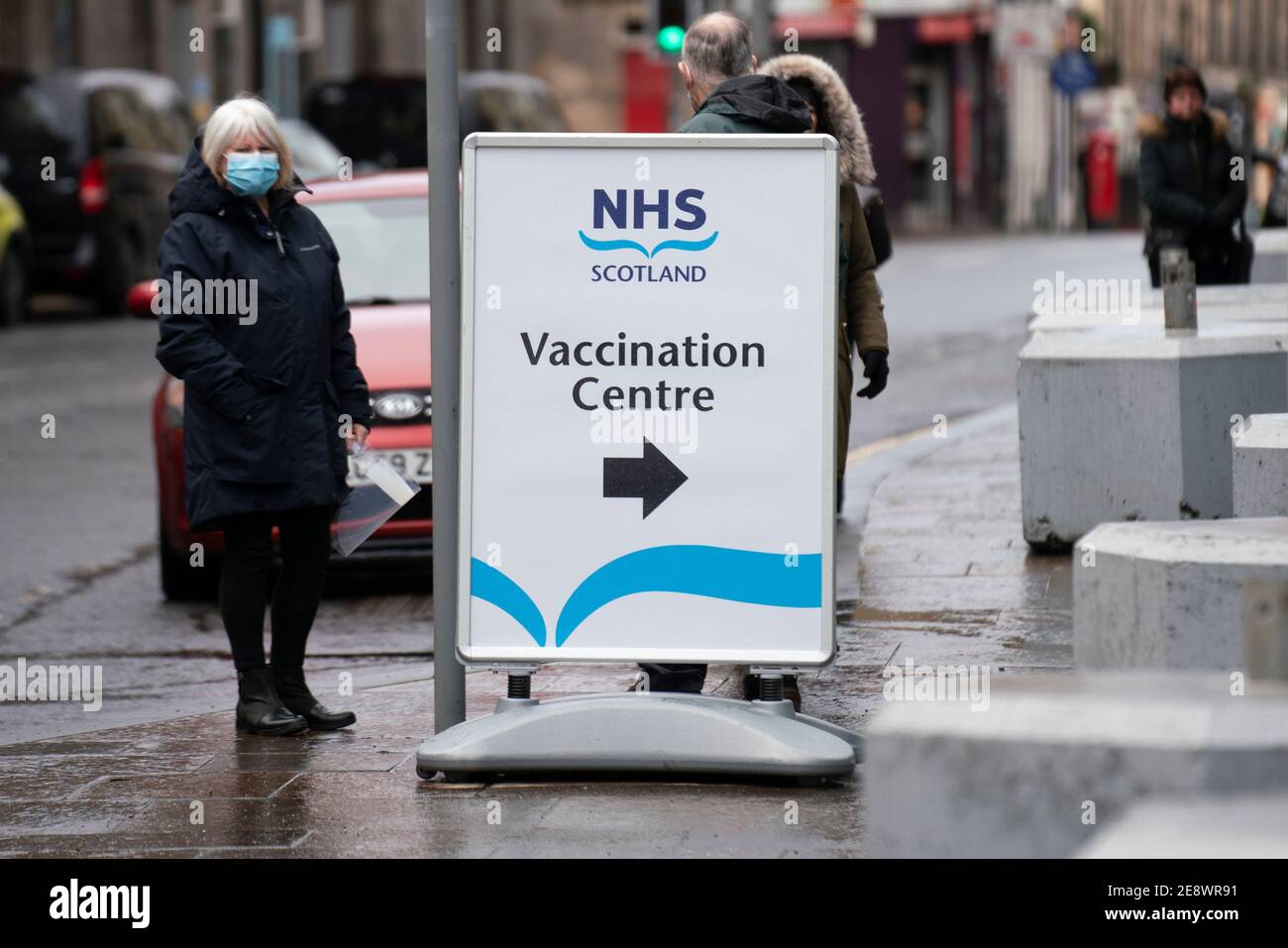 Edinburgh, Scotland, UK. 1 February 2021. Mass Covid-19 vaccination centre opens today at EICC ( Edinburgh International Conference Centre ) in Edinburgh. Members of the public with appointments arrive for their vaccinations. Iain Masterton/Alamy Live News Stock Photo