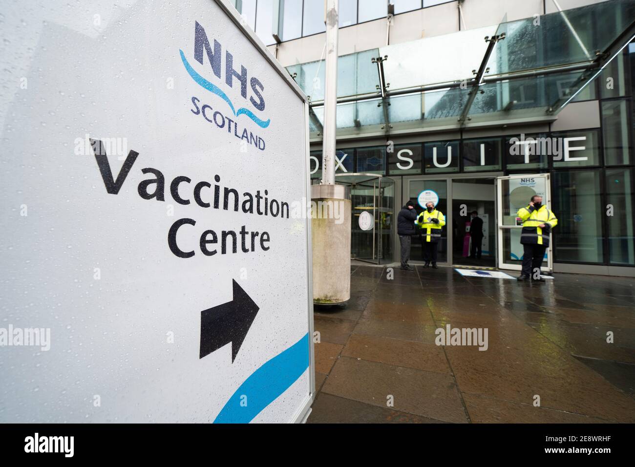 Edinburgh, Scotland, UK. 1 February 2021. Mass Covid-19 vaccination centre opens today at EICC ( Edinburgh International Conference Centre ) in Edinburgh. Members of the public with appointments arrive for their vaccinations. Iain Masterton/Alamy Live News Stock Photo