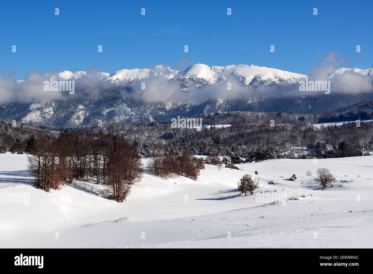 French winter landscapes. Panoramic view of mountain peaks and canyons. Vercors Regional Natural Park. Stock Photo