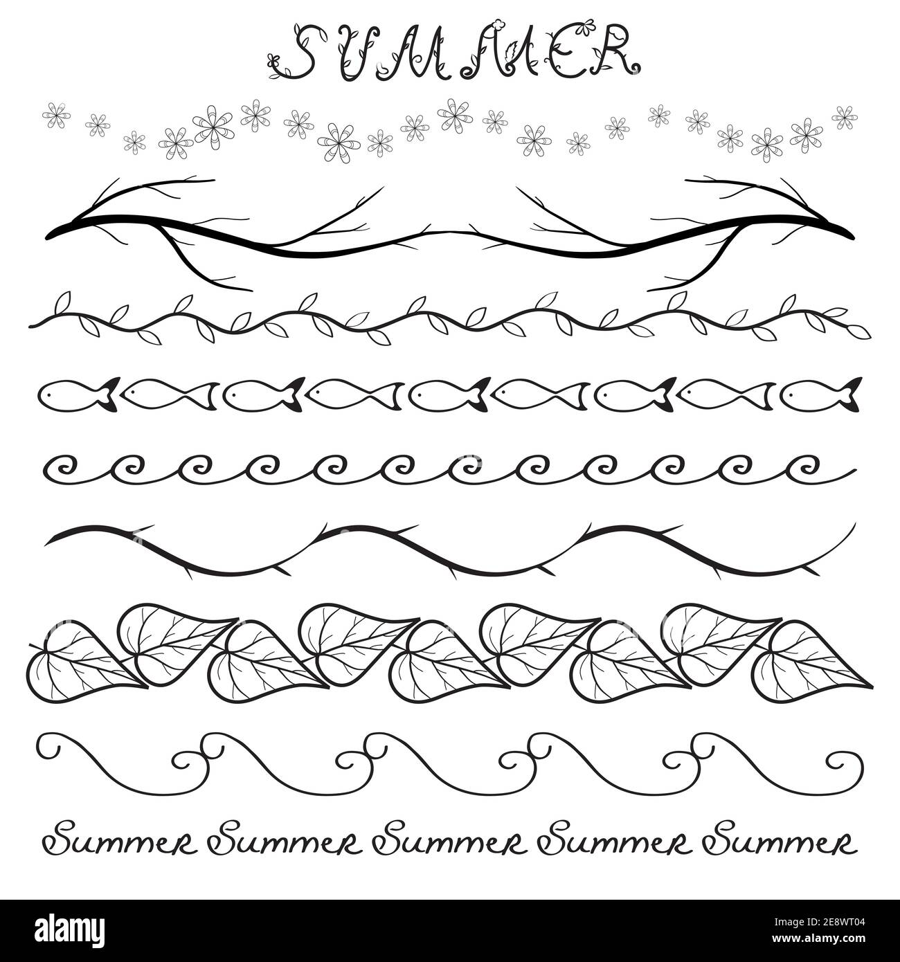 Summer hand drawn border set isolated on white Stock Vector