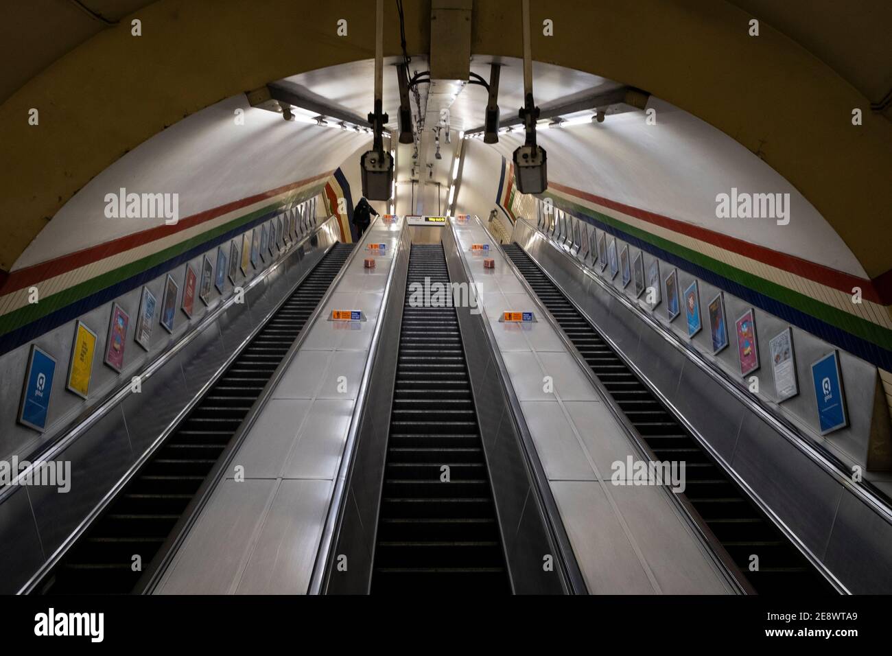 Empty escalators at the Piccadilly tube station during the pandemic. London, UK Stock Photo