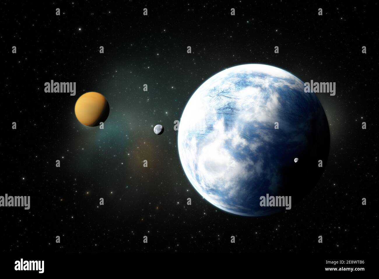 Rocky planets, Exoplanets or Extrasolar planets from deep outer space. 3d illustration Stock Photo