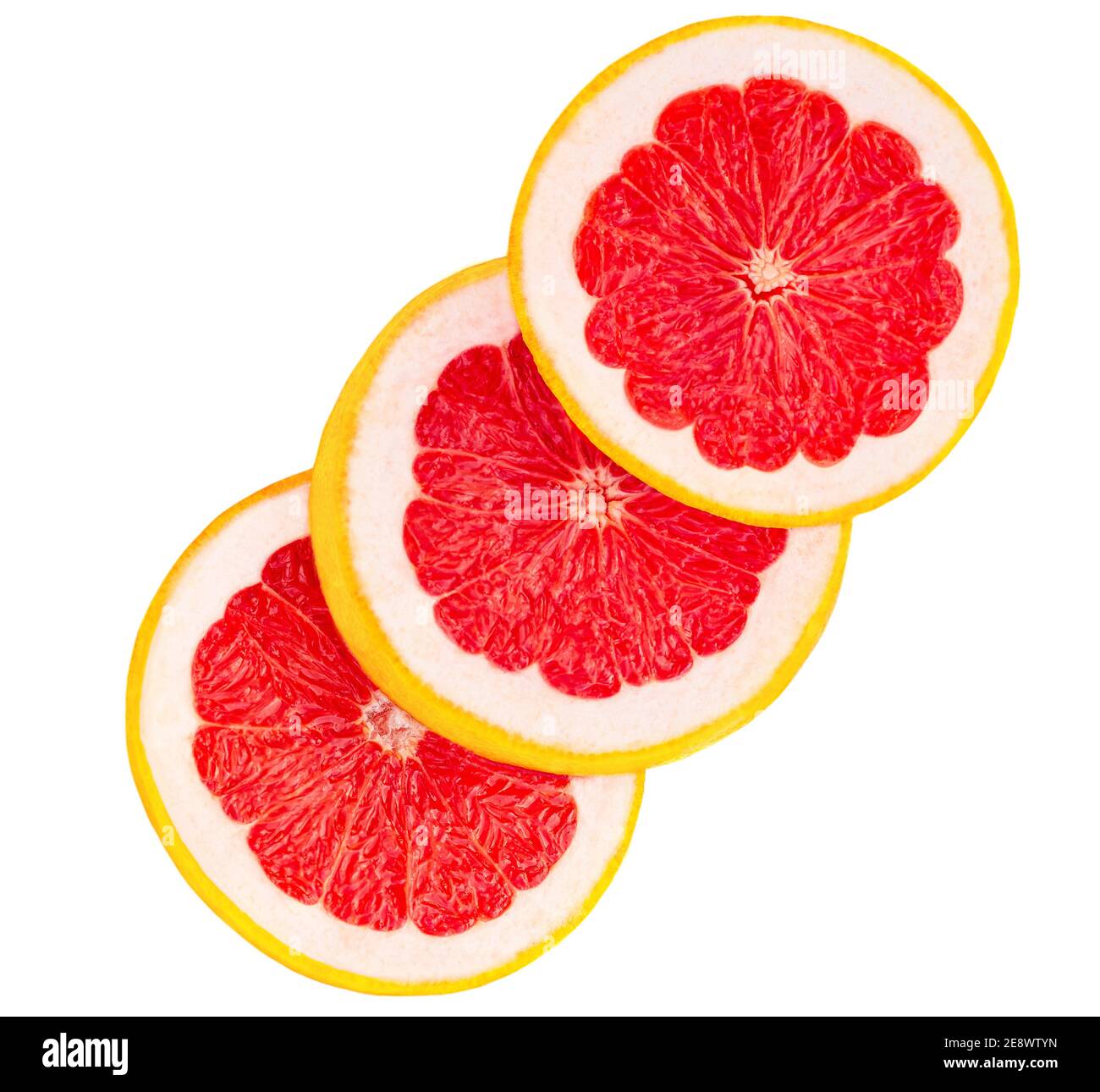 Grapefruit circle slices  isolated  on white background, top view.  Pink Grapefruit Flat lay. Stock Photo