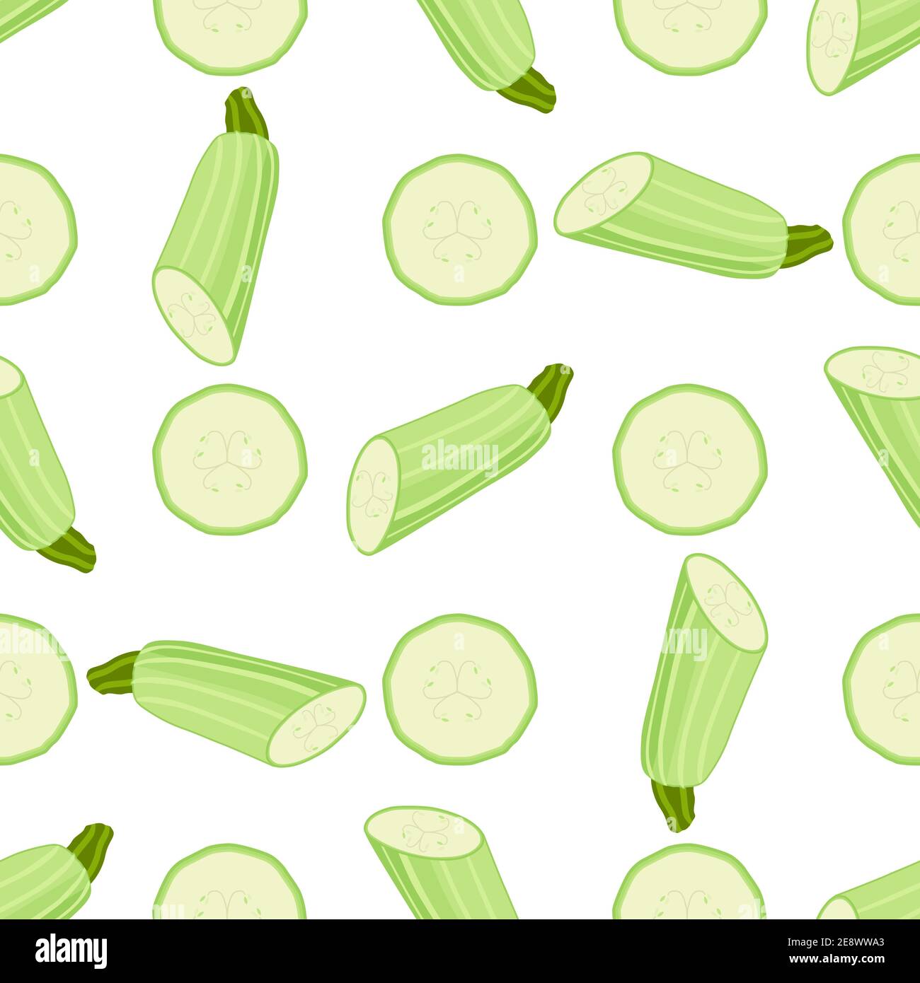 Illustration on theme of bright pattern zucchini, vegetable squash for seal. Vegetable pattern consisting of beautiful zucchini, many squash. Simple c Stock Vector