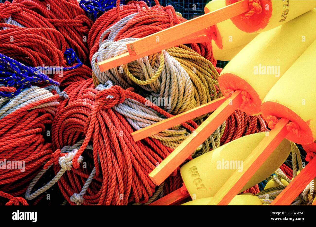 Ropes and lobster buoys nicely organized on a dock in Maine are the ...
