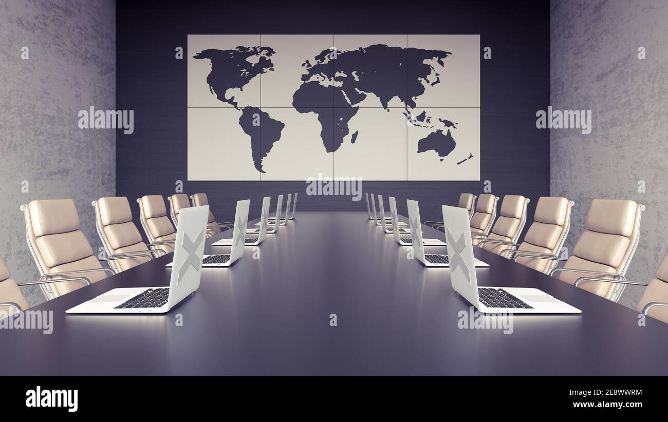 Empty meeting room and conference table with laptops 3d render 3d illustration Stock Photo