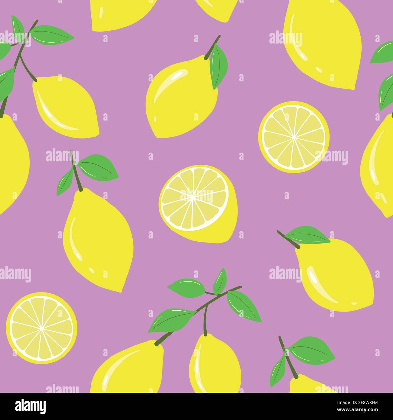 Hand drawn vector seamless pattern with lemons in yellow on pink background. Stock Vector