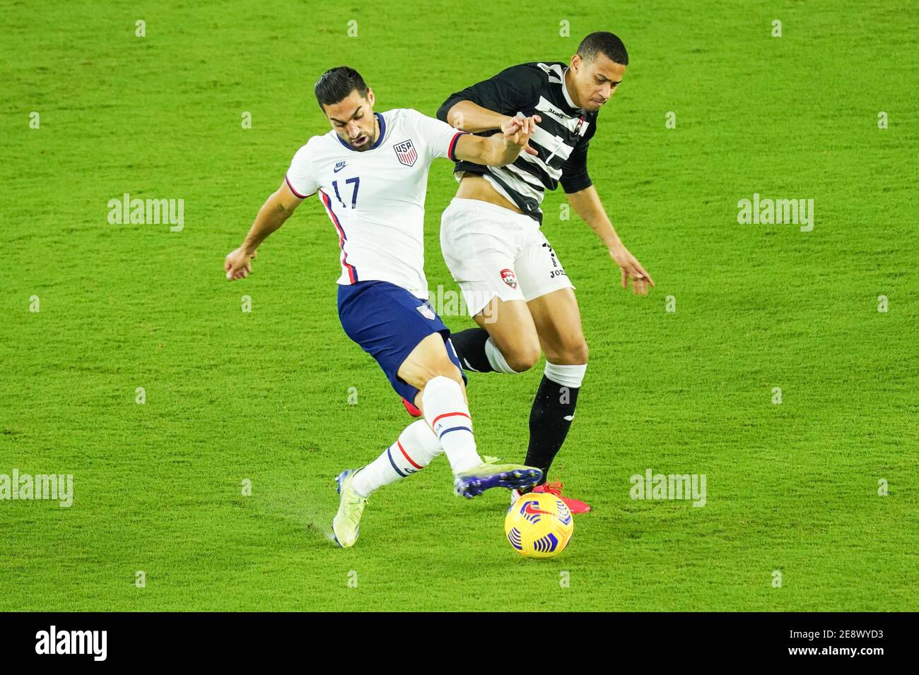 Orlando, Florida, USA, January 31, 2021, USA midfielder Sebastian Lletget #17 attempt to steal the ball during an International Friendly Match against Trinidad and Tobago.  (Photo Credit:  Marty Jean-Louis) Stock Photo