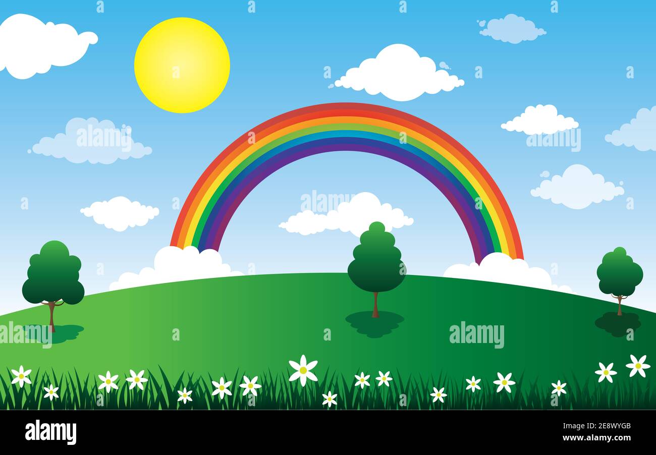 Sun and clouds with rainbow landscape colorful illustration Stock Photo ...