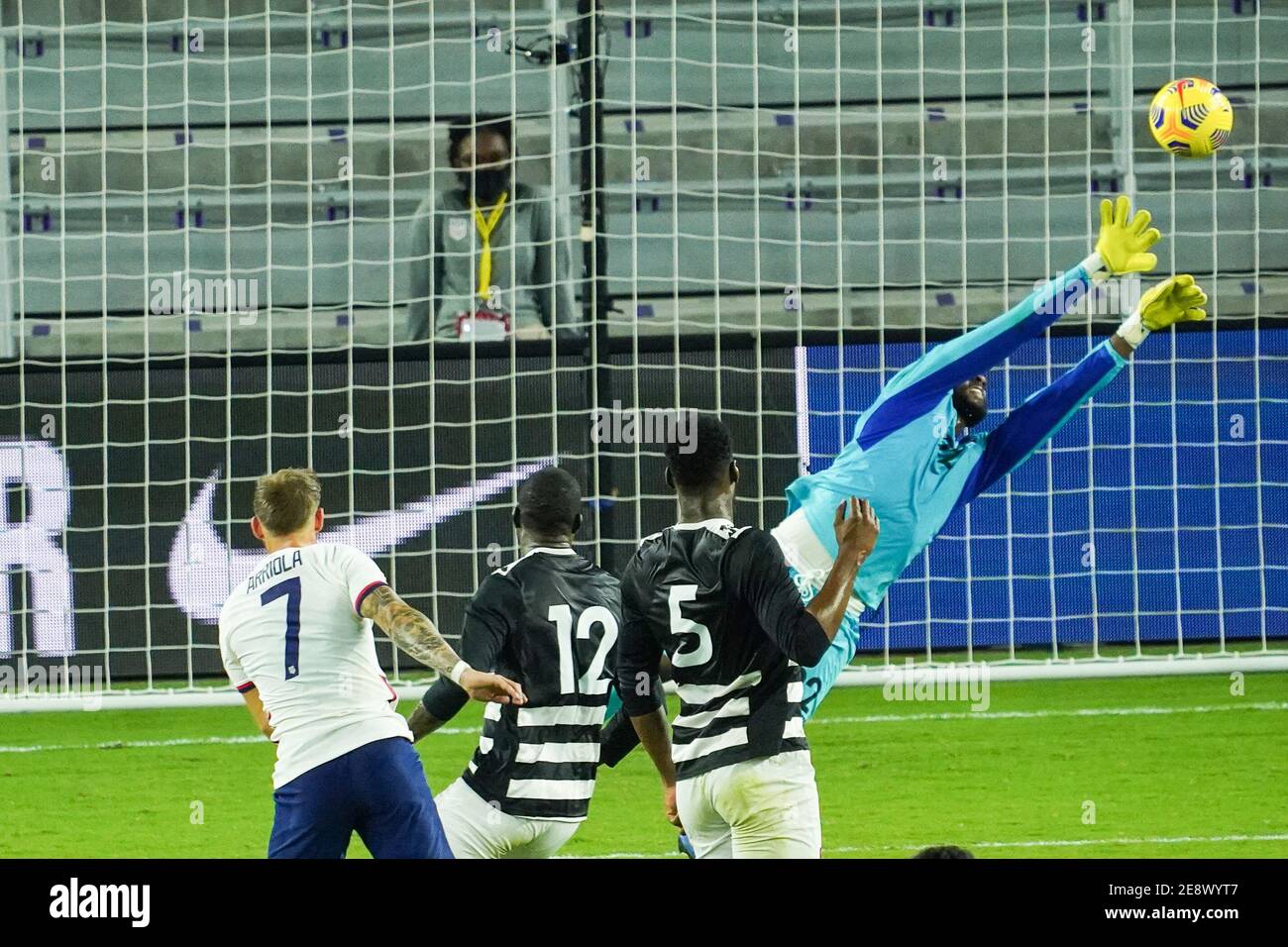 Orlando, Florida, USA, January 31, 2021, USA forward Paul Arriola #7 scores during an International Friendly Match against Trinidad and Tobago.  (Photo Credit:  Marty Jean-Louis) Stock Photo